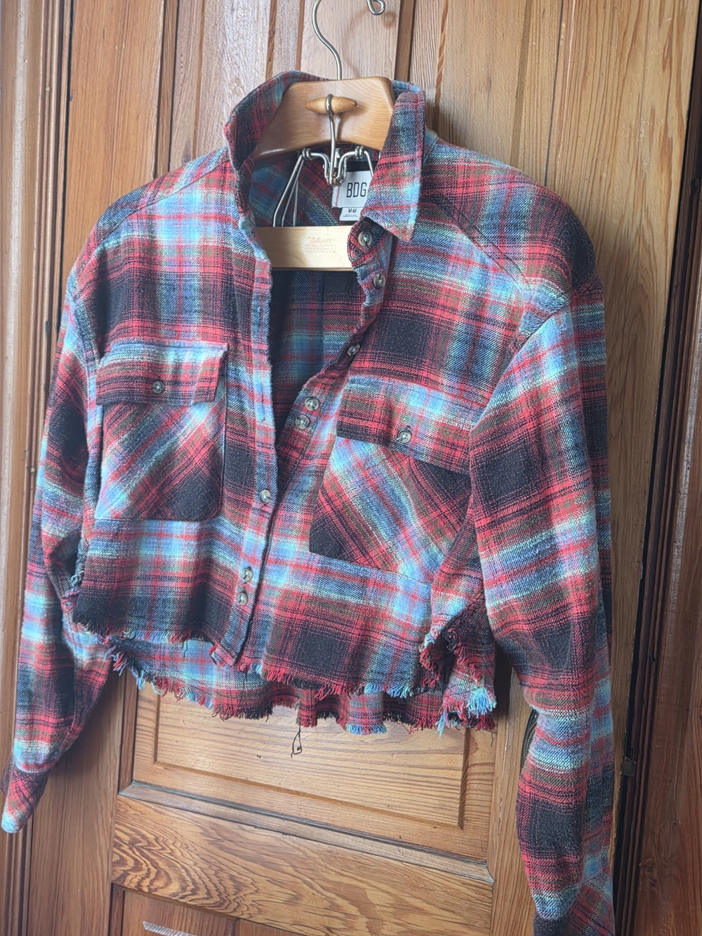 BDG Cropped Plaid Flannel Jacket - Red & Blue